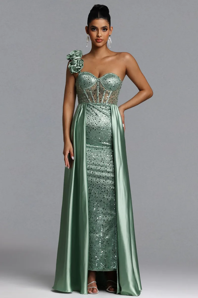 Vestido Maxi Zeren com Um Ombro e Paetês