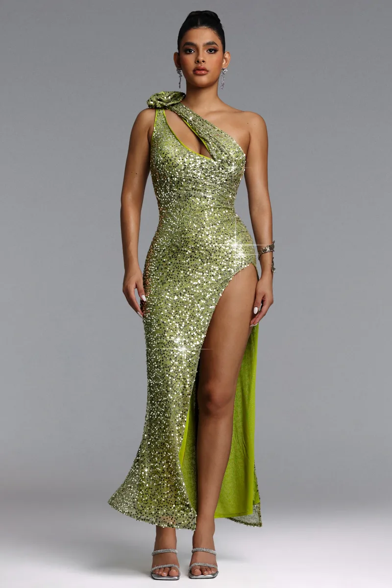 Vestido Maxi Okani com Recorte e Paetê