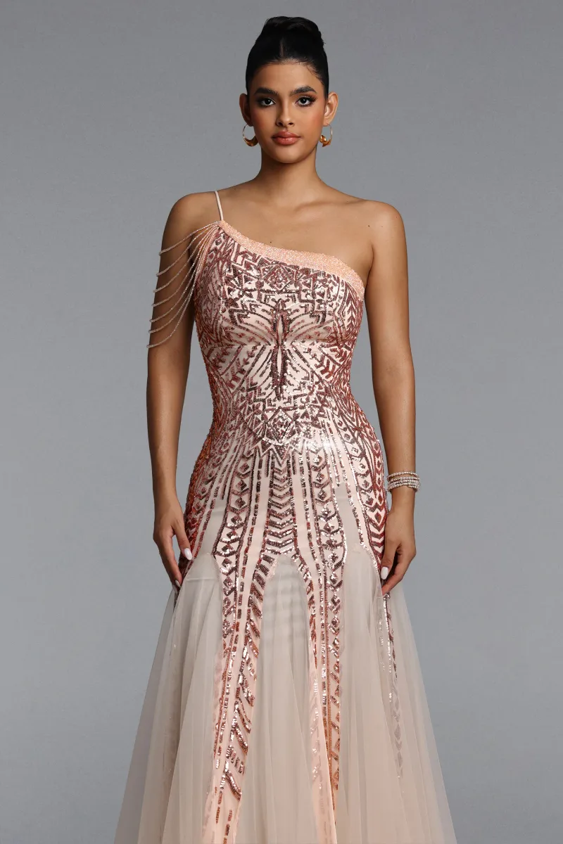 Vestido Maxi Elay com Paetê Cauda de Sereia Bege