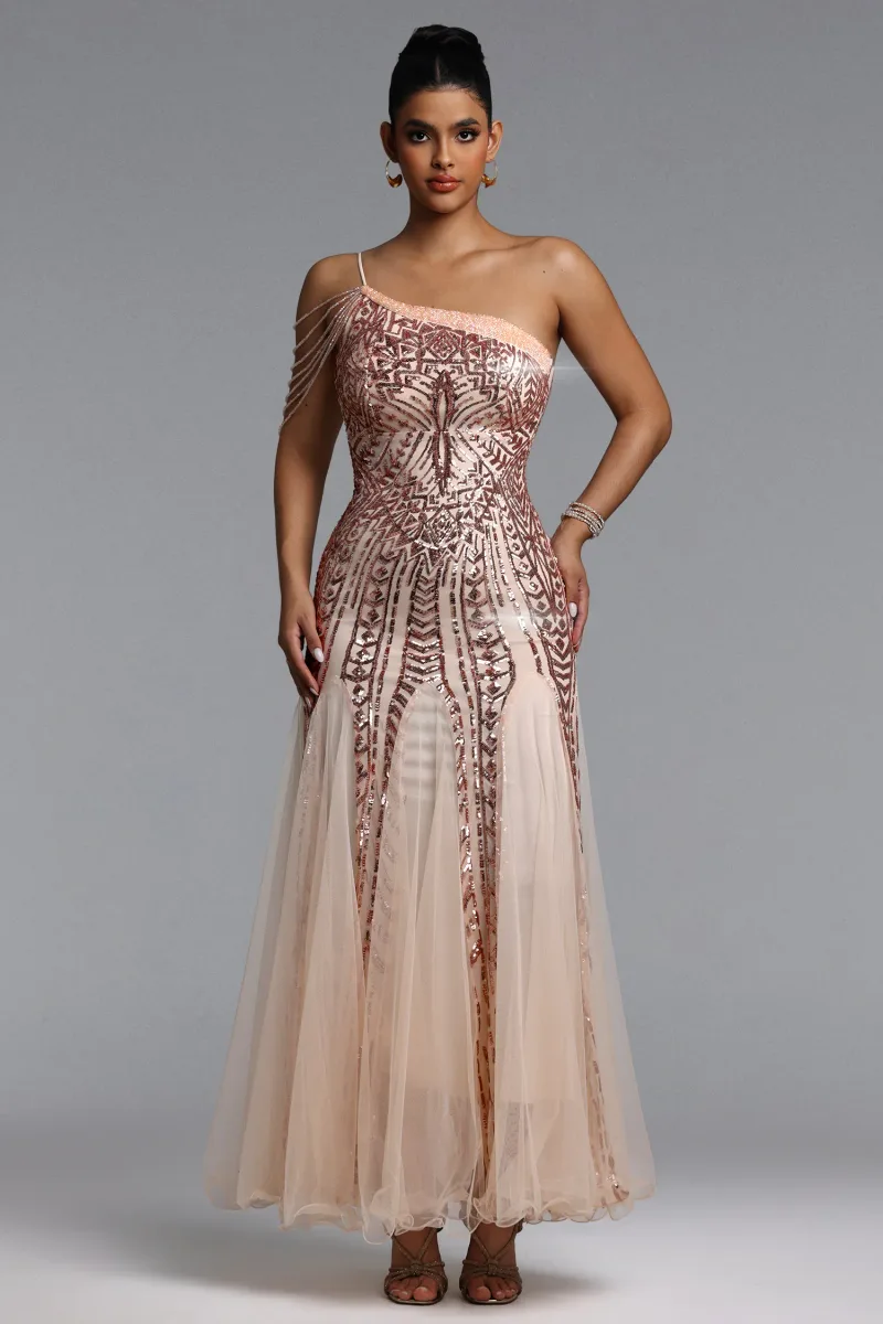 Vestido Maxi Elay com Paetê Cauda de Sereia Bege