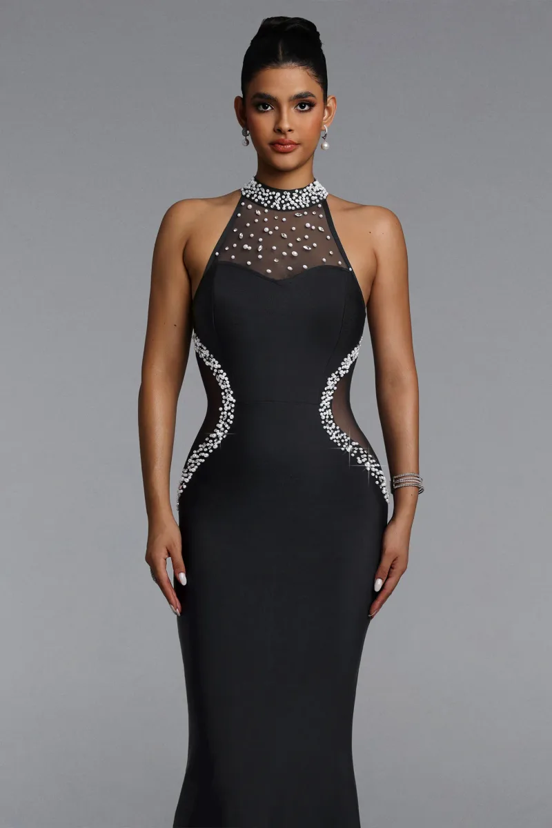 Vestido Maxi Samala Halter com Aplicações de Pérolas