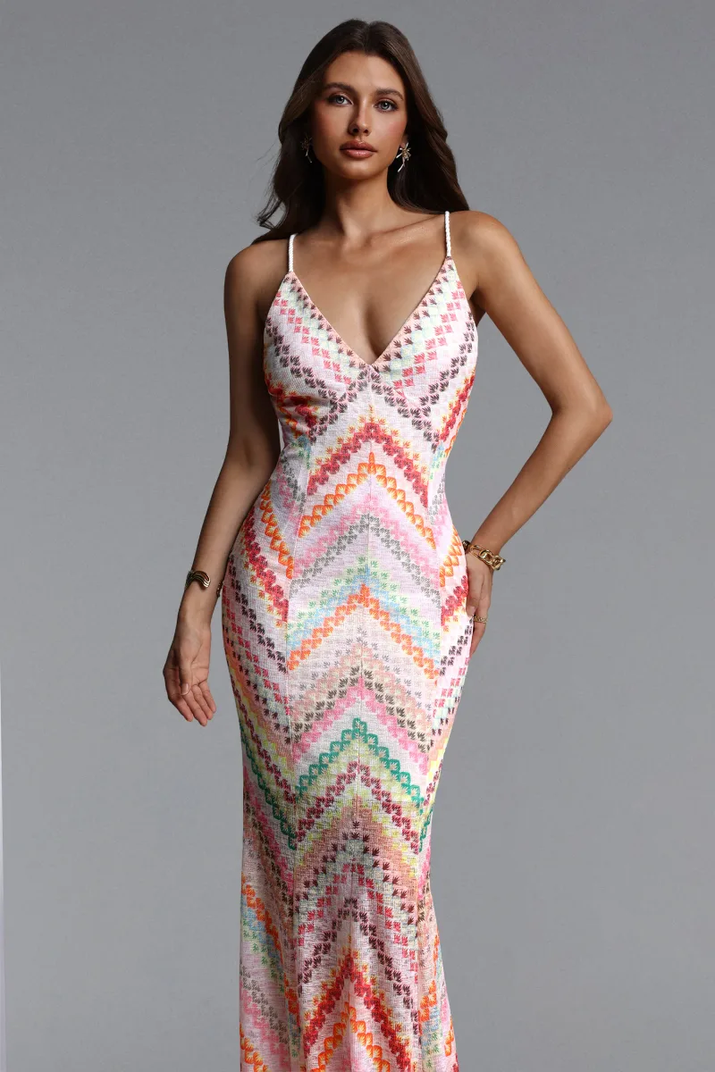 Vestido Maxi Salama Resort Decote V Sem Mangas com Estampa