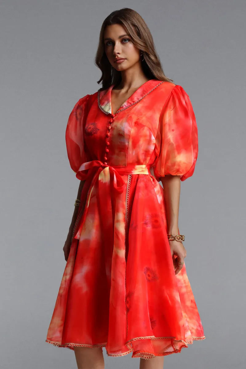 Vestido Mini Derya Resort Manga Bufante com Estampa em Organza