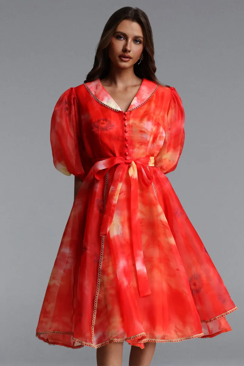 Vestido Mini Derya Resort Manga Bufante com Estampa em Organza