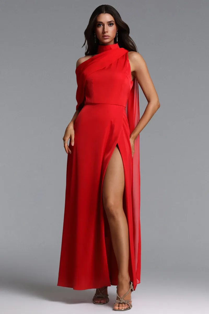 Vestido Maxi Kailani Chic Gola Alta Um Ombro com Pregas e Fenda