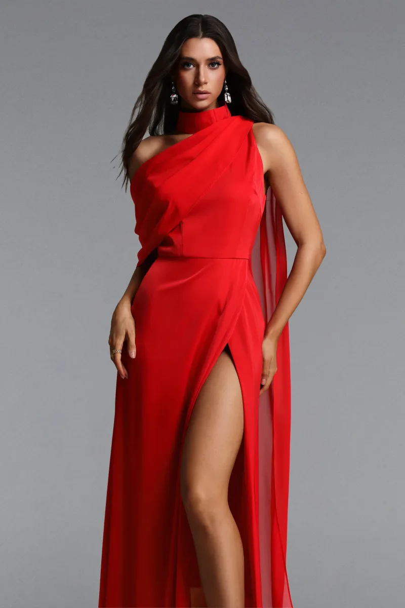 Vestido Maxi Kailani Chic Gola Alta Um Ombro com Pregas e Fenda