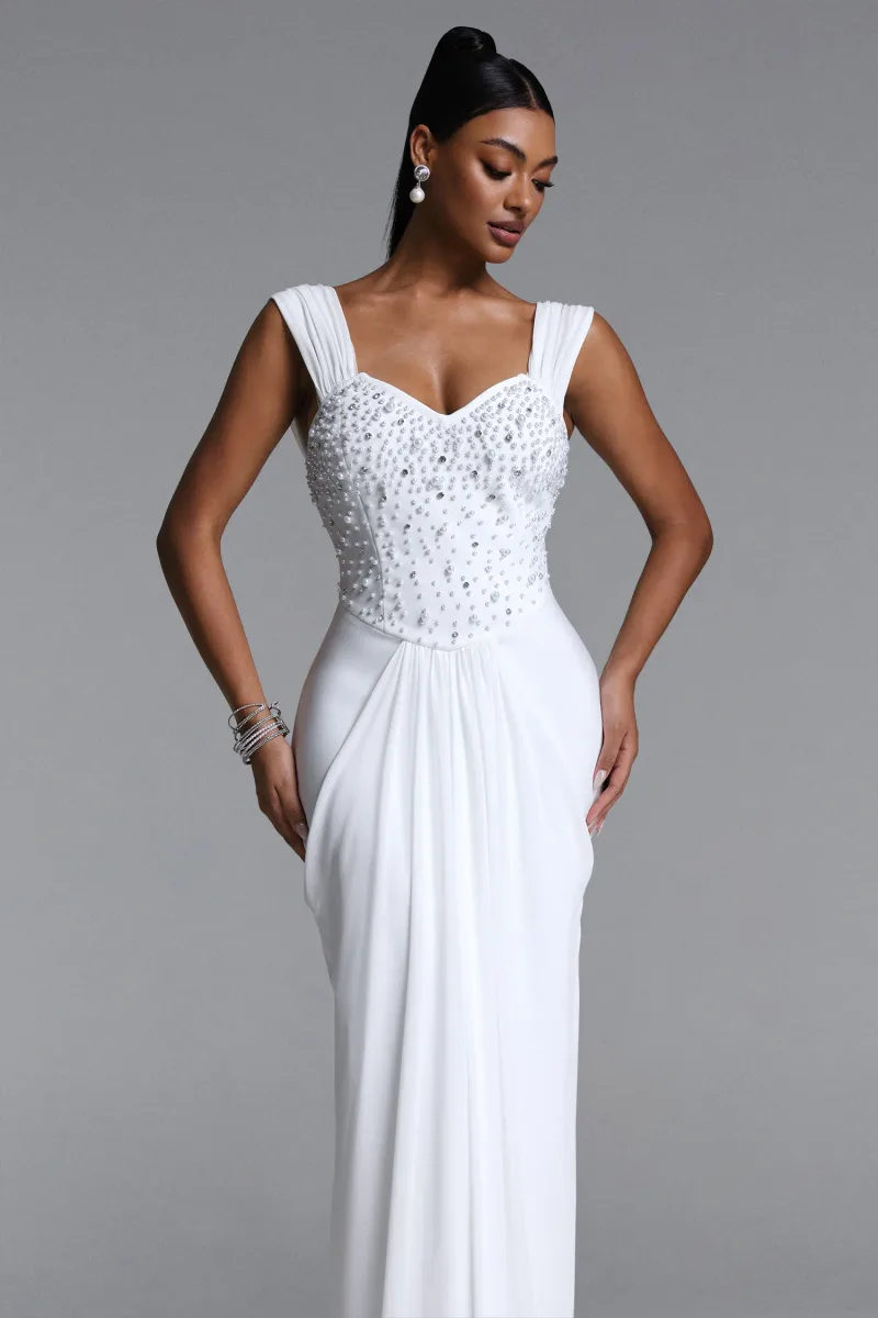 Vestido Maxi Mako Elegante com Pérolas e Cristais Franzido