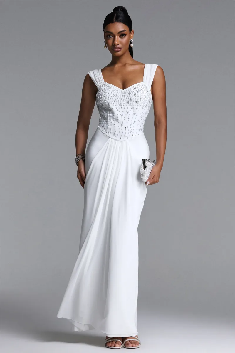 Vestido Maxi Mako Elegante com Pérolas e Cristais Franzido