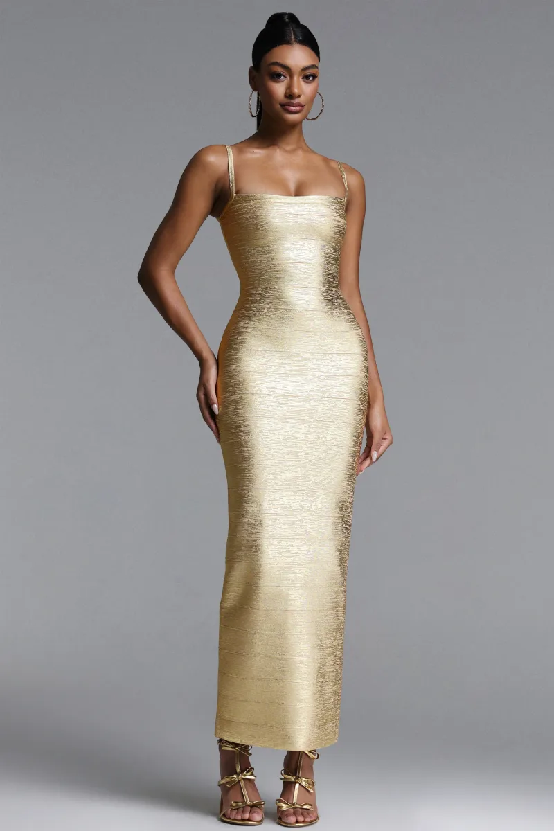 Vestido Maxi Lionce com Contorno Metálico em Tecido Bandage