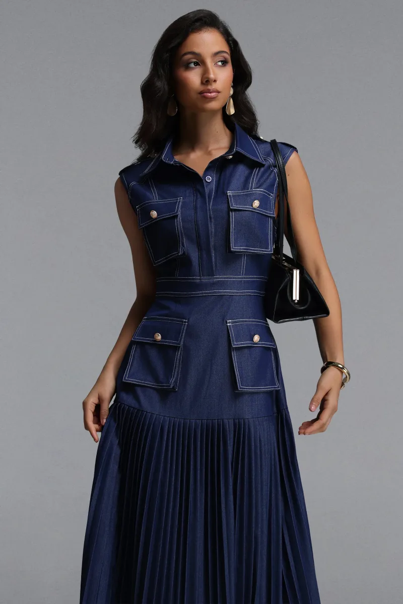 Vestido Maxi Jouy em Jeans Plissado Elegante Sem Mangas