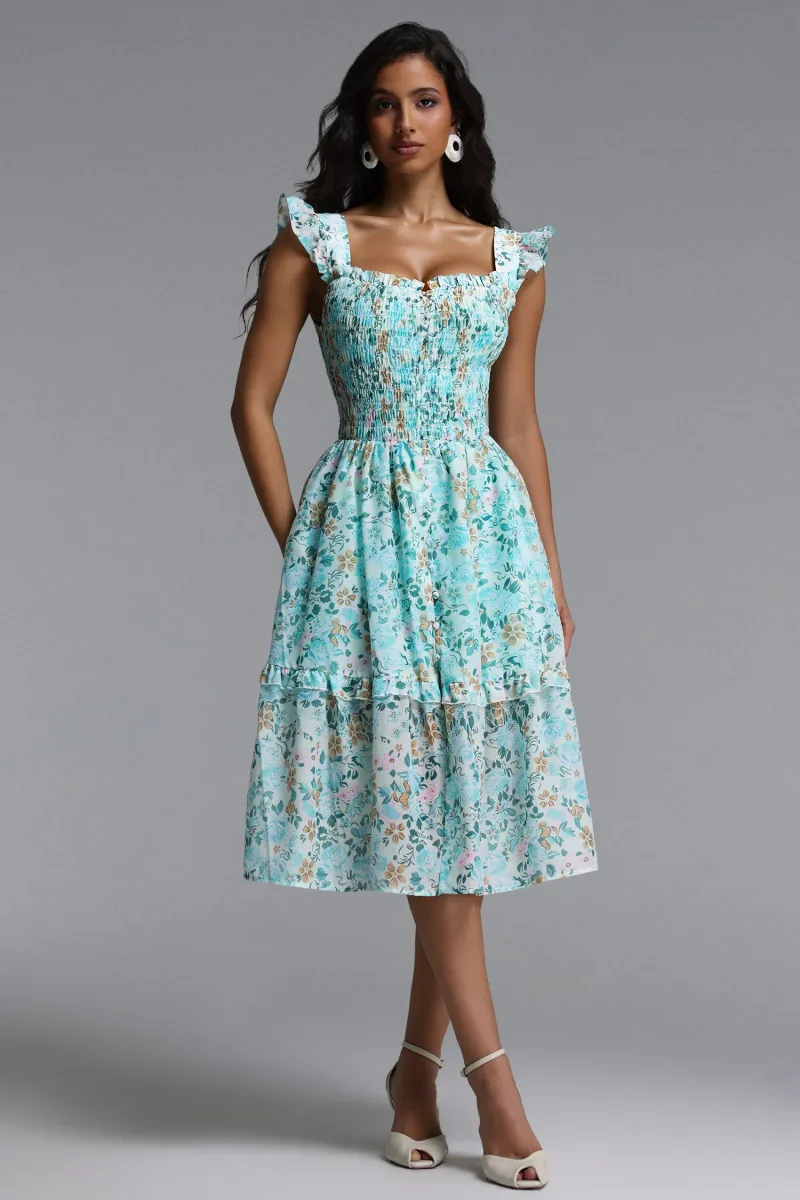 Vestido Midi Myla Resort com Estampa Floral e Babado Fluido