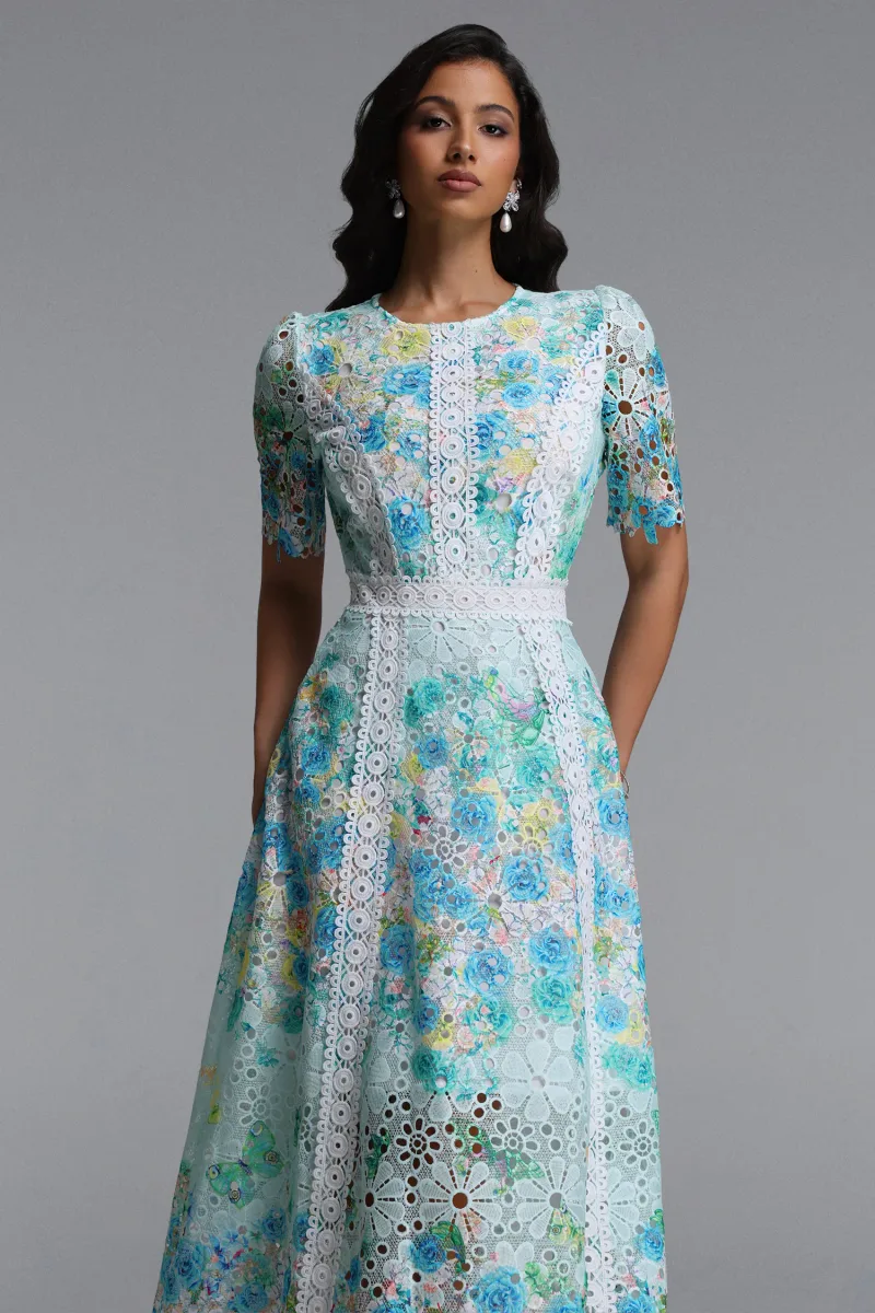 Vestido Maxi Pillose Resort em Renda Floral com Gola Redonda