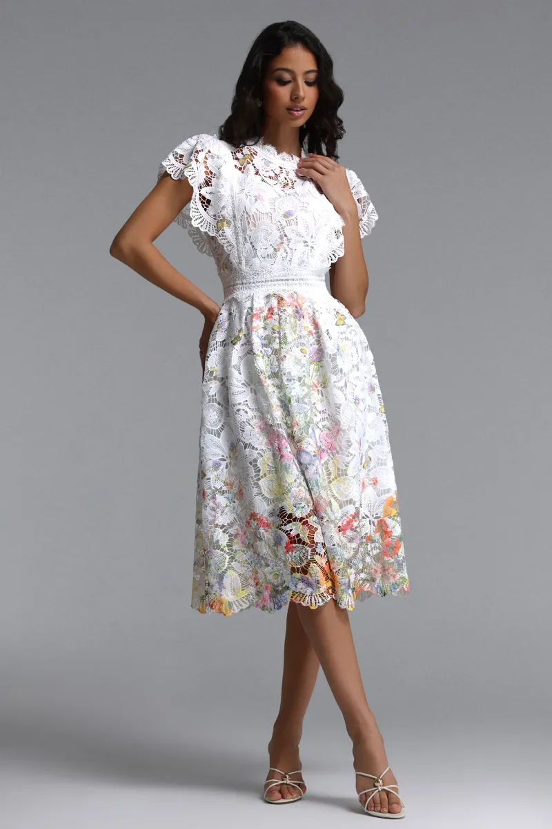 Vestido Midi Leanna em Renda Floral com Manga Curta