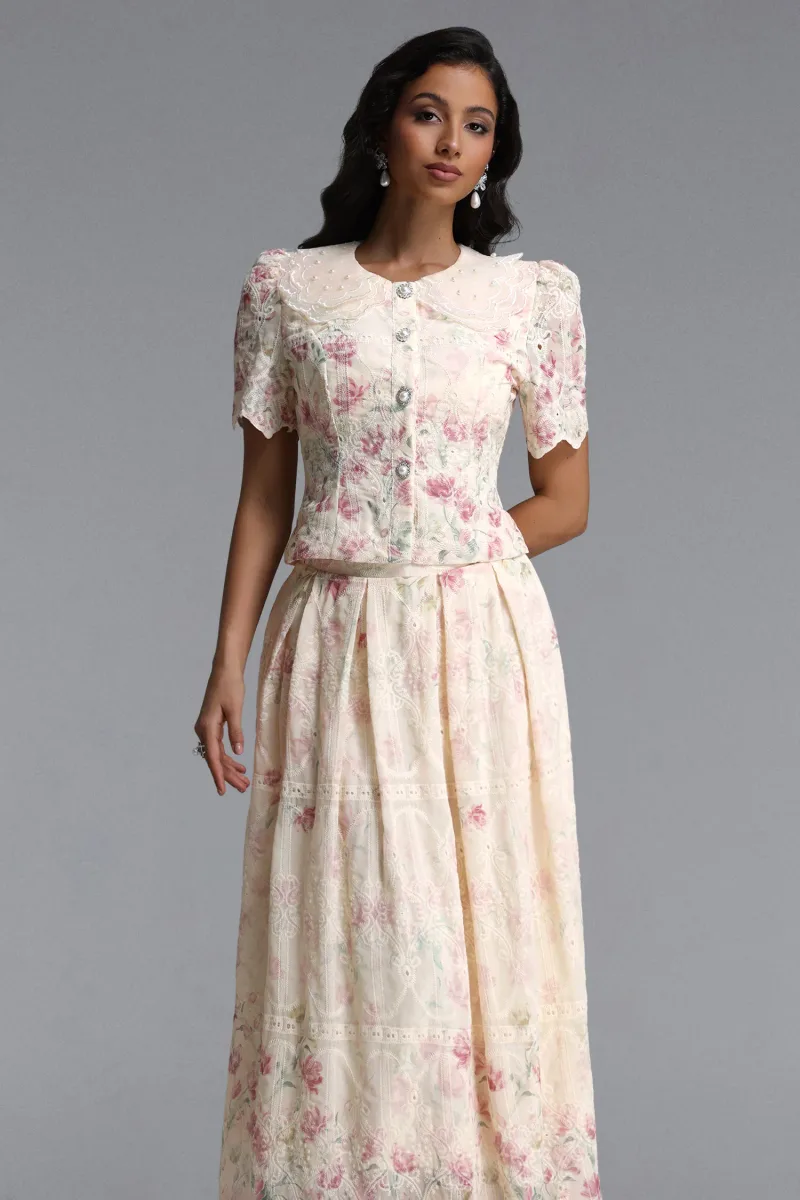 Conjunto Ignacia: Blusa e Saia Manga Curta Estampa Floral Bordada