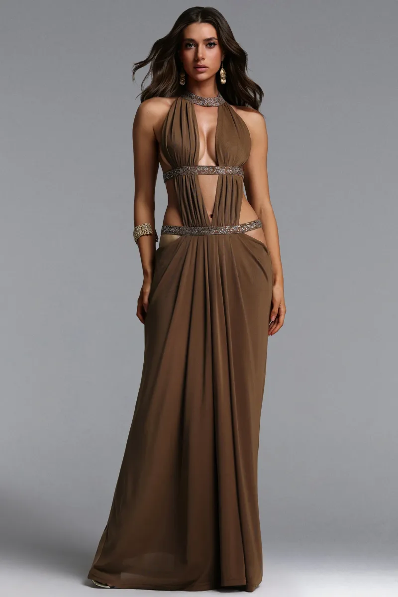Vestido Maxi Elaia com Halter, Franzidos e Cut-Out