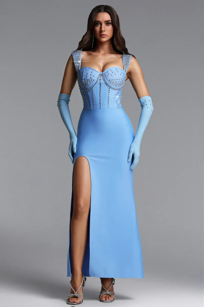 Vestido Maxi Nellie com Strass e Fenda Alta