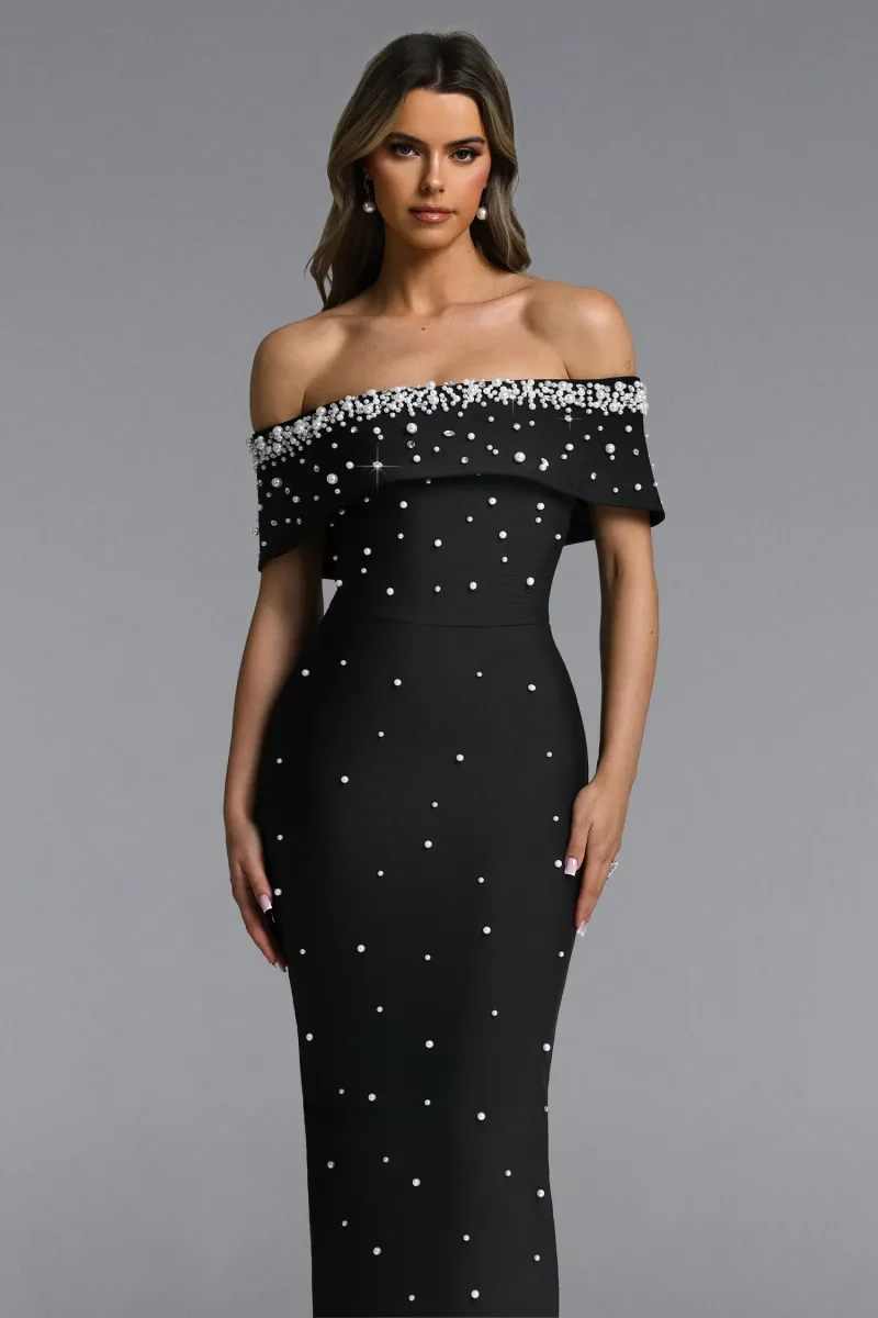 Vestido Maxi Isme Ombro a Ombro com Pérolas e Strass