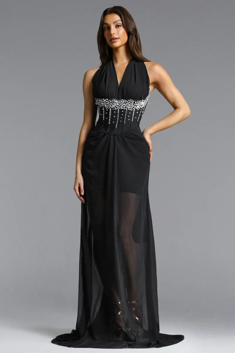 Vestido Maxi Pelze com Decote V e Aplicações de Strass