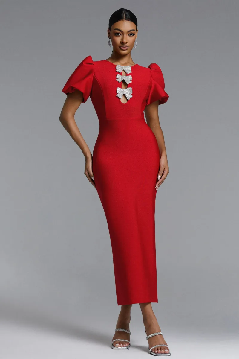 Vestido Longo Lazze com Mangas Bufantes e Laço