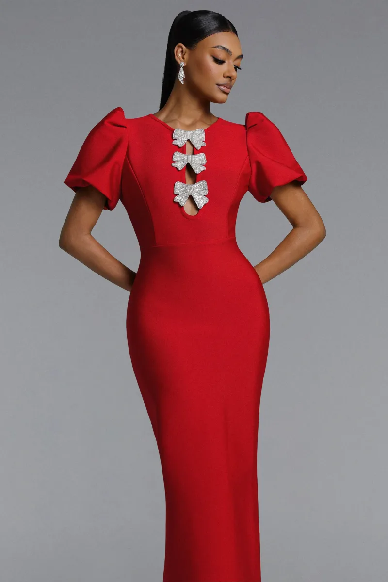 Vestido Longo Lazze com Mangas Bufantes e Laço