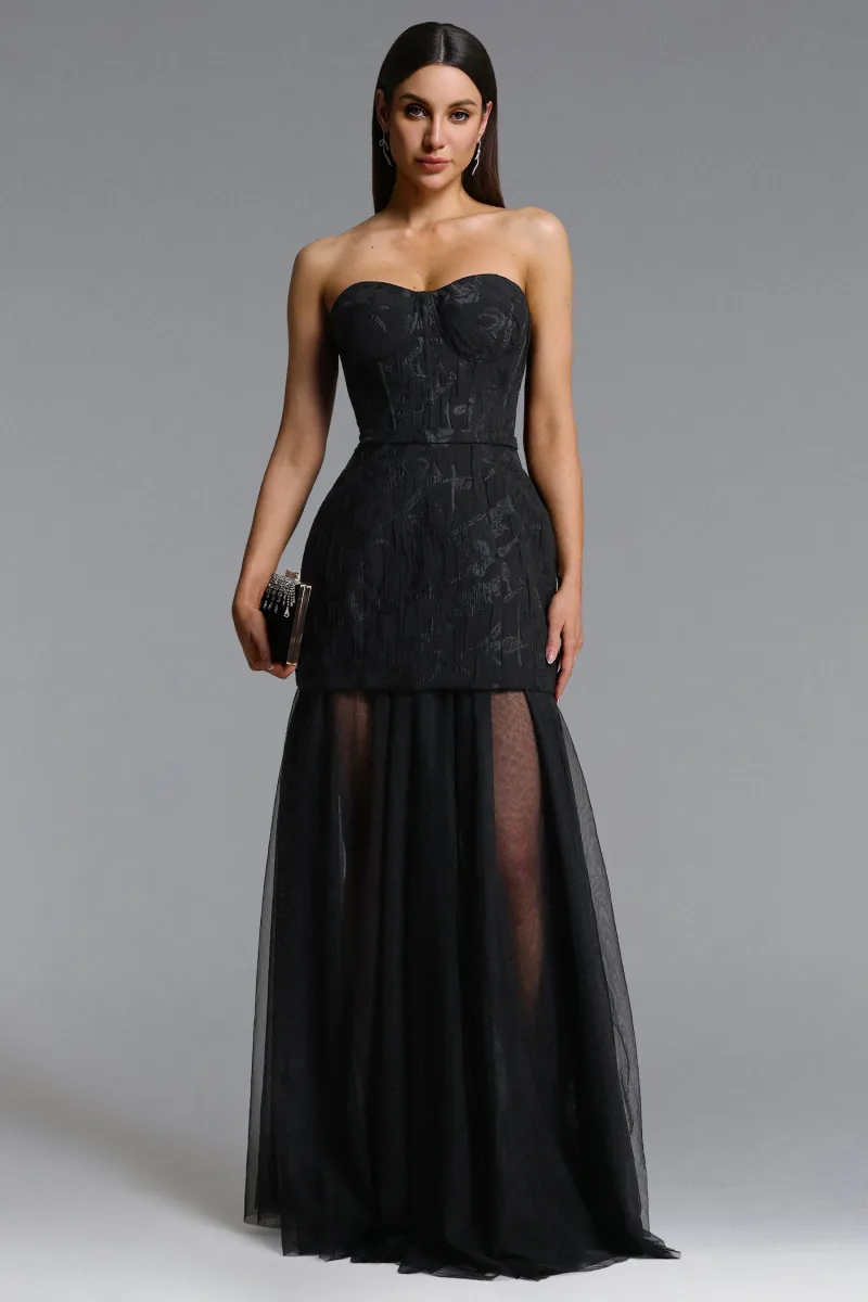 Vestido Longo Margo com Decote Tomara que Caia em Jacquard Floral