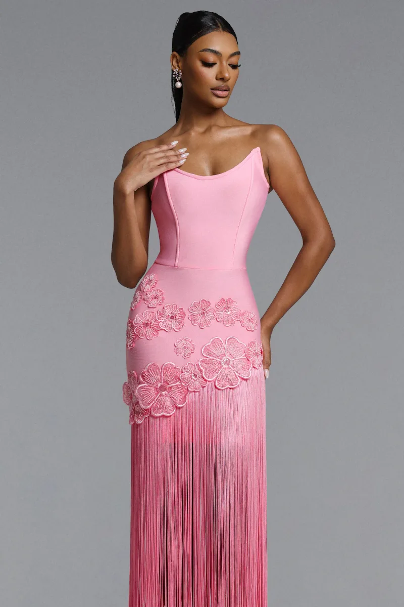 Vestido Longo Ezgi com Decote Tomara que Caia e Franjas Florais