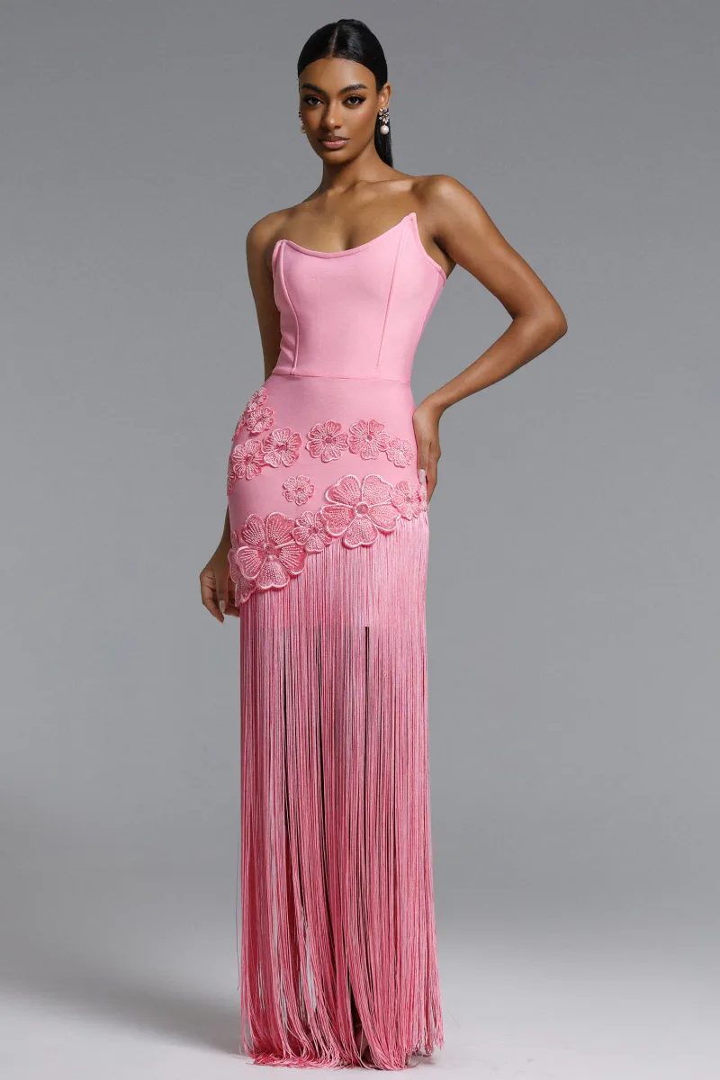 Vestido Longo Ezgi com Decote Tomara que Caia e Franjas Florais