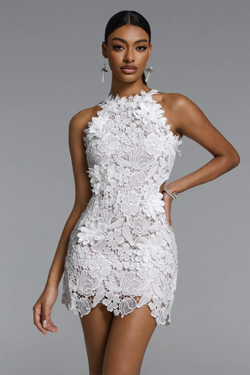 Vestido Nadja Sem Mangas em Renda Floral Mini
