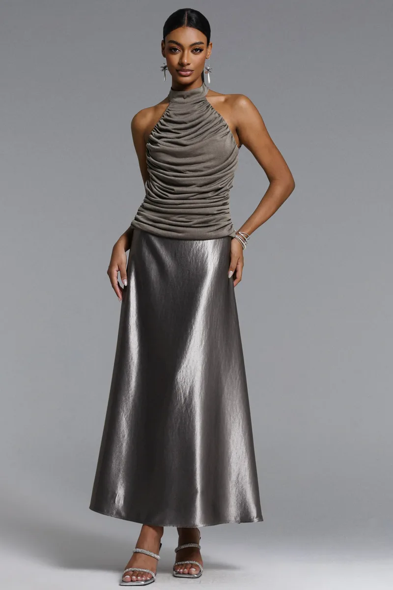 Conjunto Sharian Chic com Top Halter Franzido e Saia em Cetim