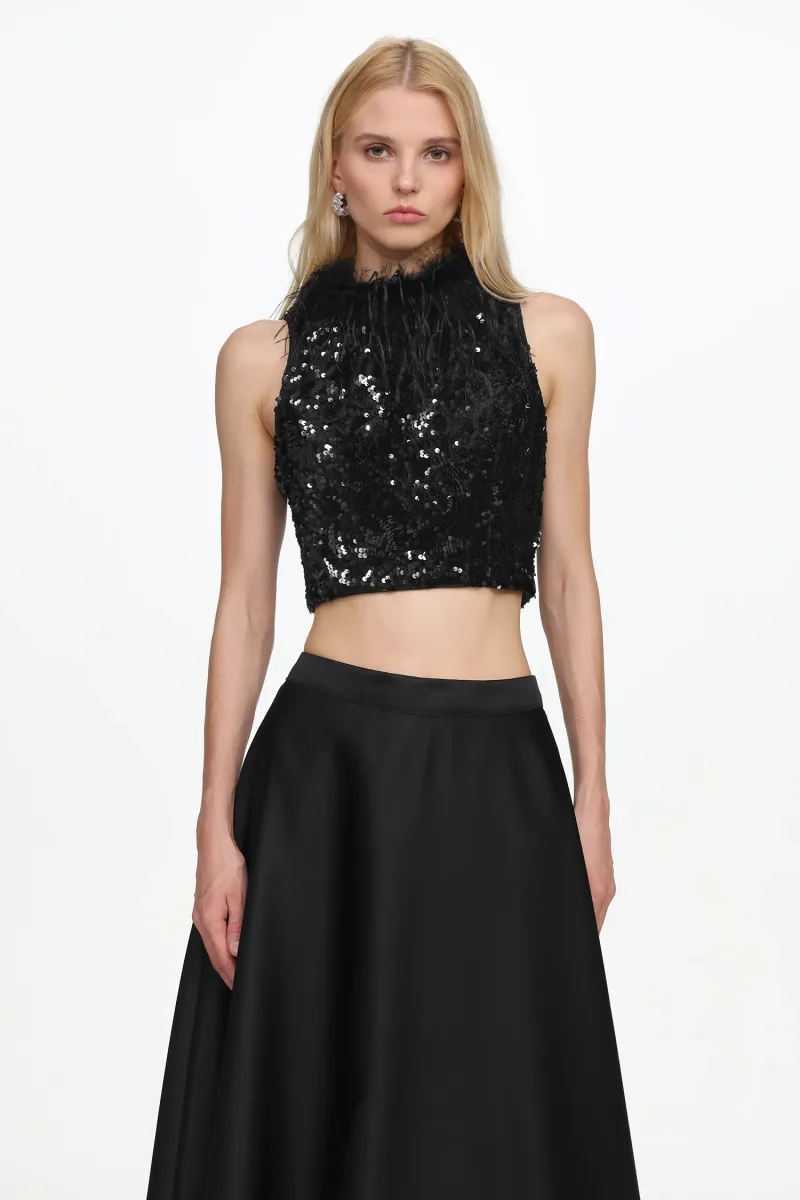 Conjunto Chic Contour Sem Mangas em Paetê, Pena e Veludo com Saia em Cetim