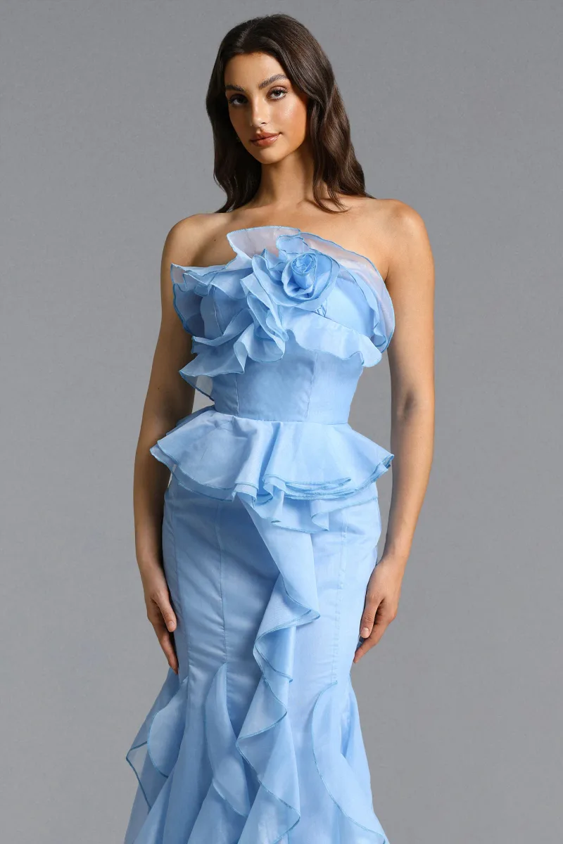 Maxi Dress Deirdre Romântico com Assimetria e Babado Floral