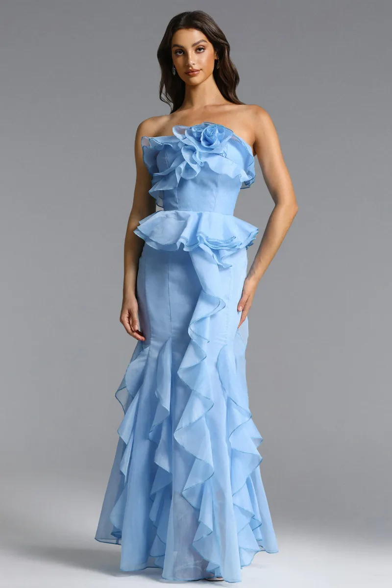 Maxi Dress Deirdre Romântico com Assimetria e Babado Floral
