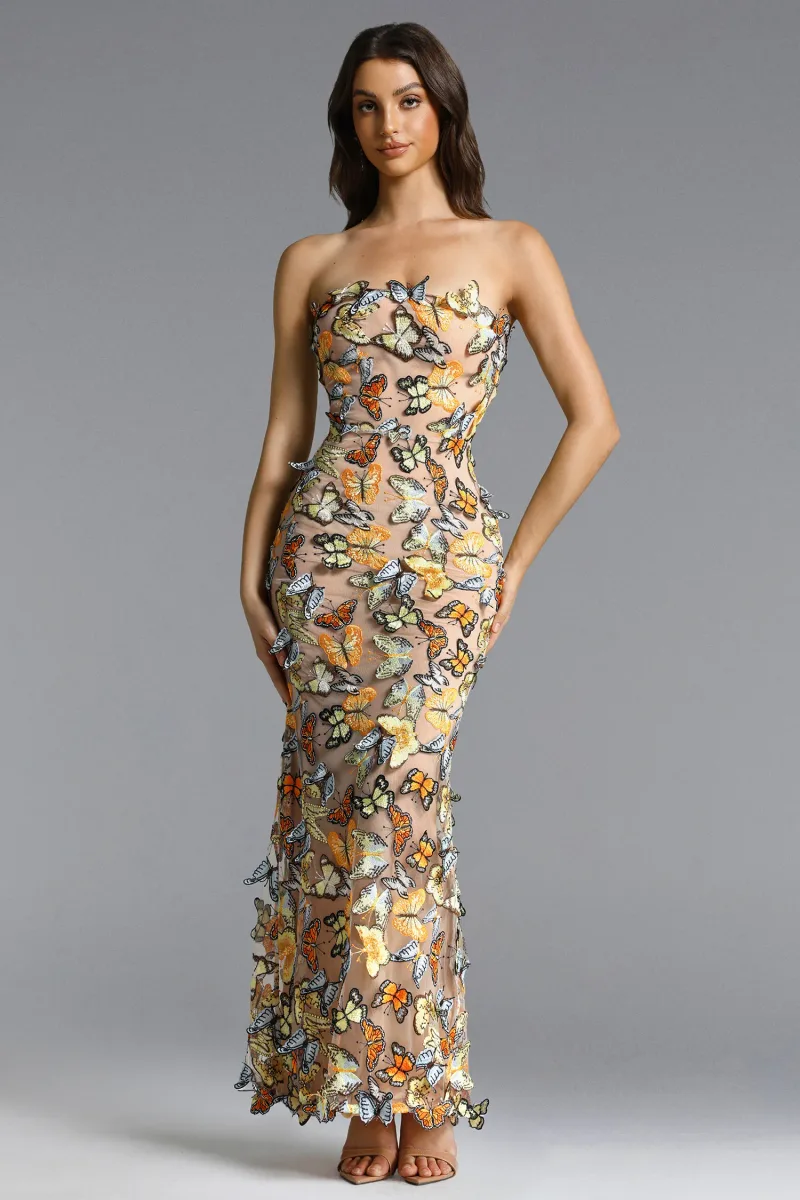 Maxi Dress Karina Elegante com Detalhe Borboleta e Sem Alças