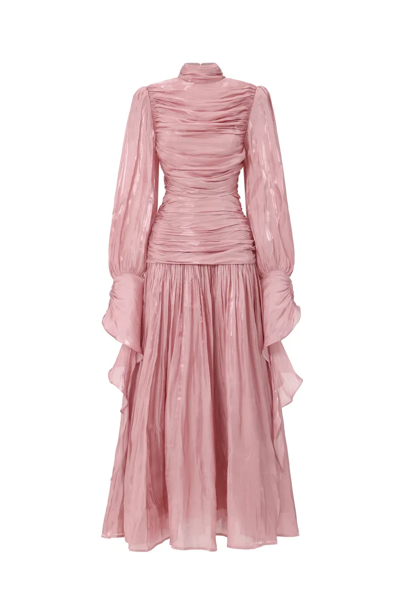 Maxi Dress Viky Resort com Manga Longa e Franzido Marcado