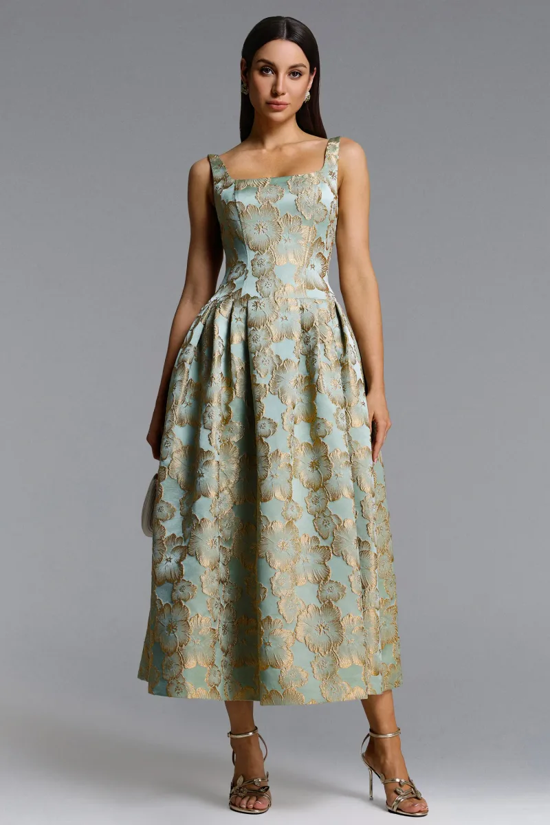 Maxi Dress Kerta com Decote Quadrado e Jacquard Floral