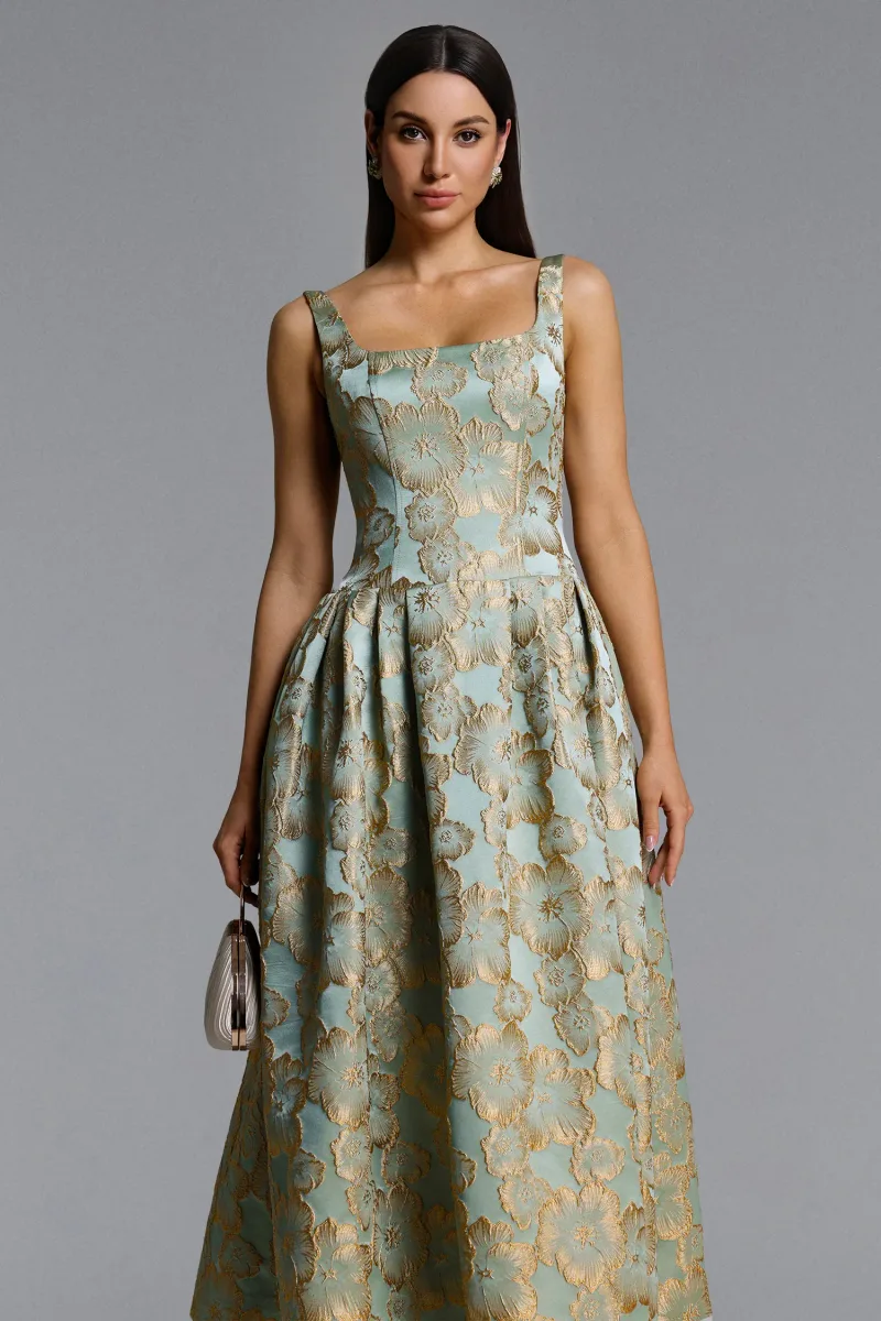 Maxi Dress Kerta com Decote Quadrado e Jacquard Floral
