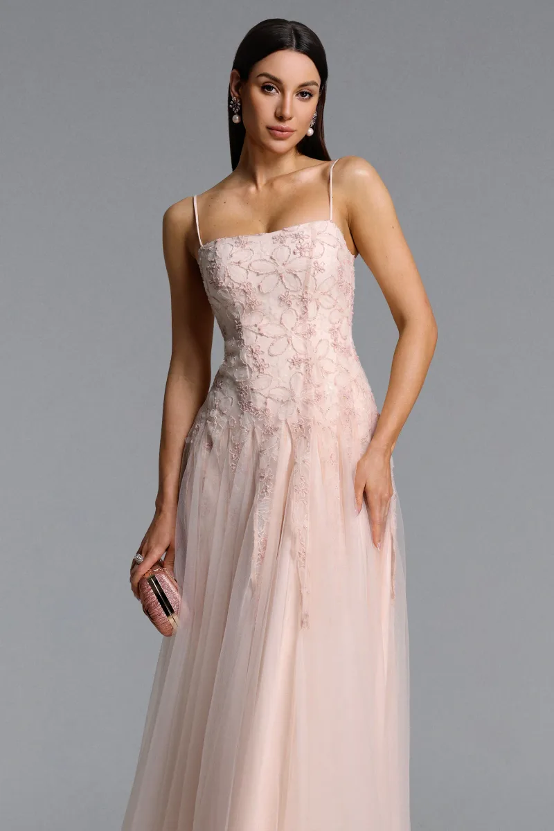 Maxi Dress Kamo sem Mangas com Tule Floral em Camadas