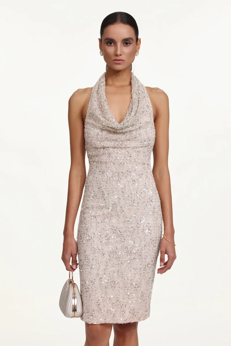 Vestido Midi Pablo Chic com Halter e Paetê Decote Cowl