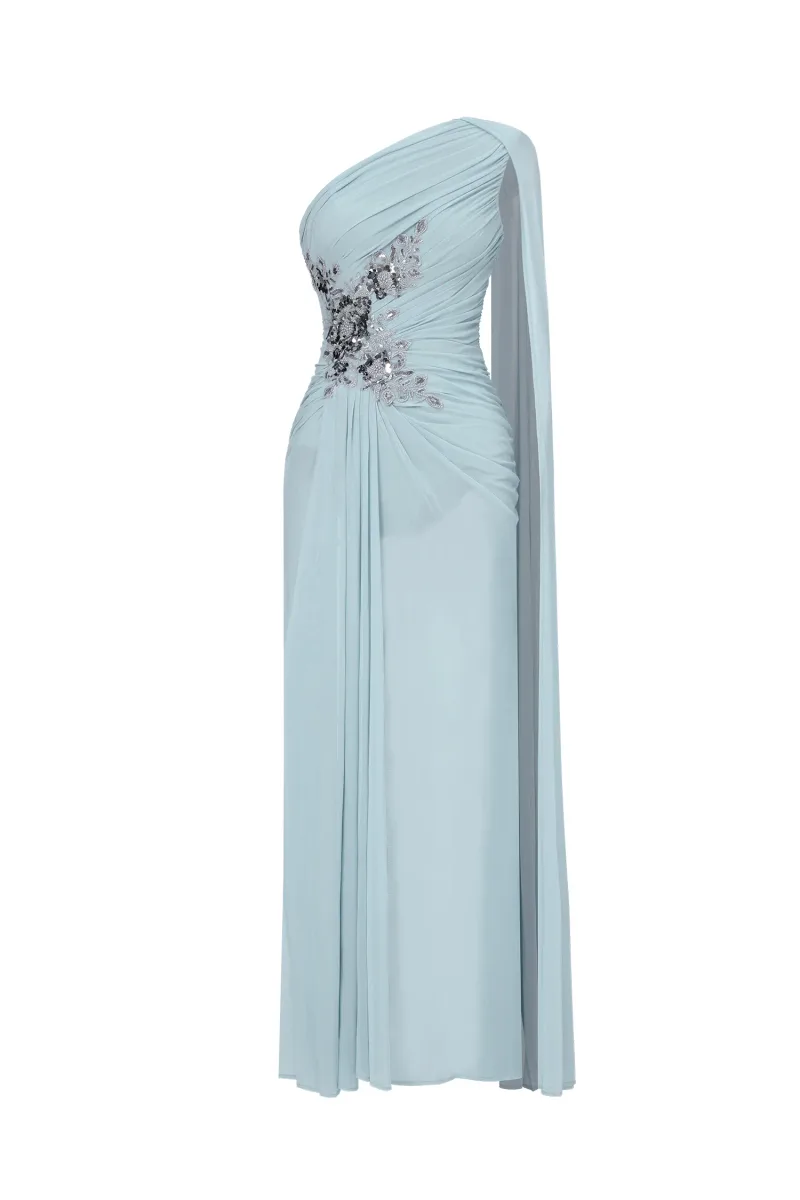 Vestido Maxi Kaylee Elegante com Um Ombro, Paetê e Tule Pregueado
