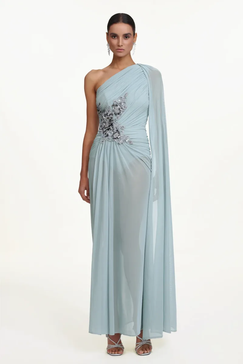 Vestido Maxi Kaylee Elegante com Um Ombro, Paetê e Tule Pregueado