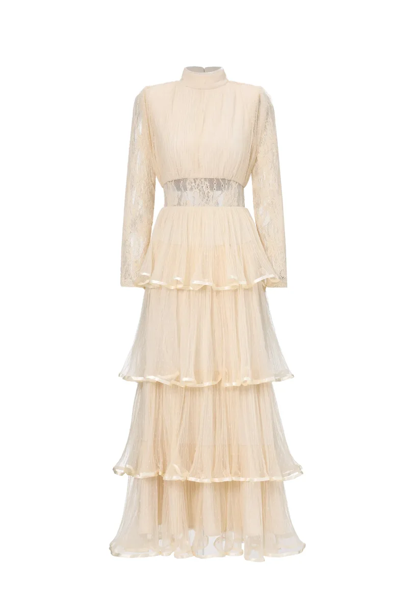 Vestido Maxi Yannei Romântico com Manga Longa, Renda e Tule em Camadas