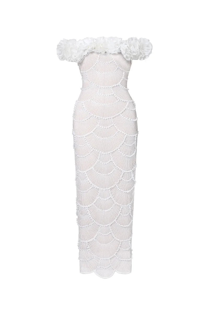 Vestido Maxi Neela com Flores e Pérolas, Ombro a Ombro