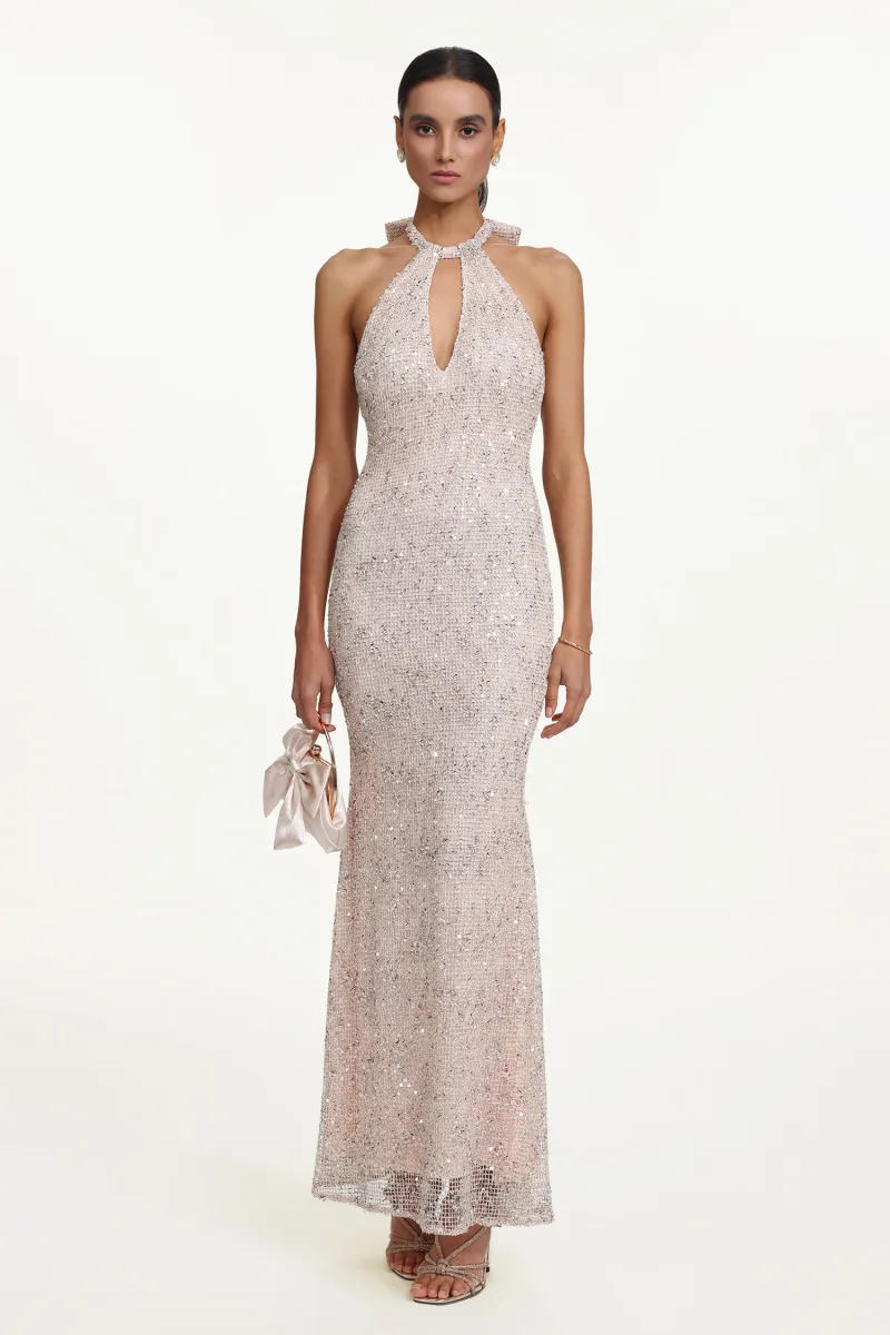 Halter Cut Out Paetê Saslim — Vestido Maxi
