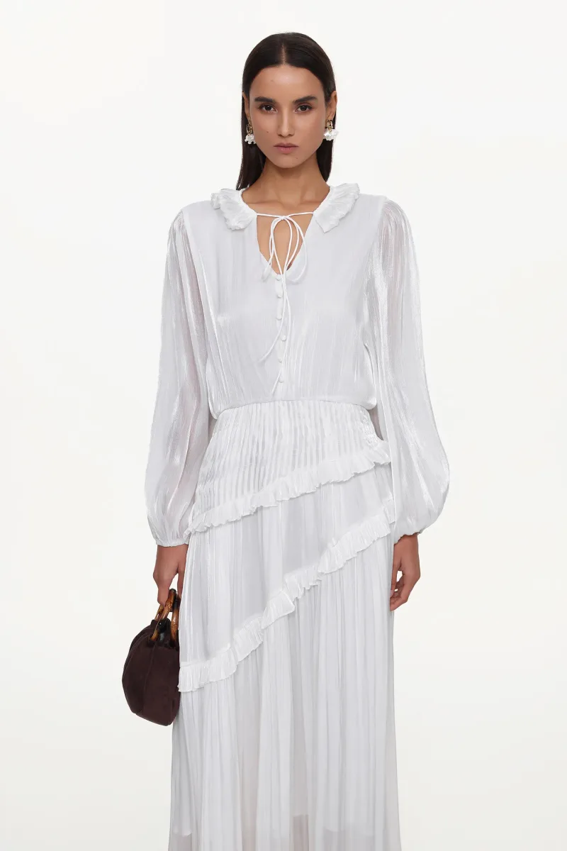 Vestido Maxi Hlasa Resort com Manga Longa e Babado