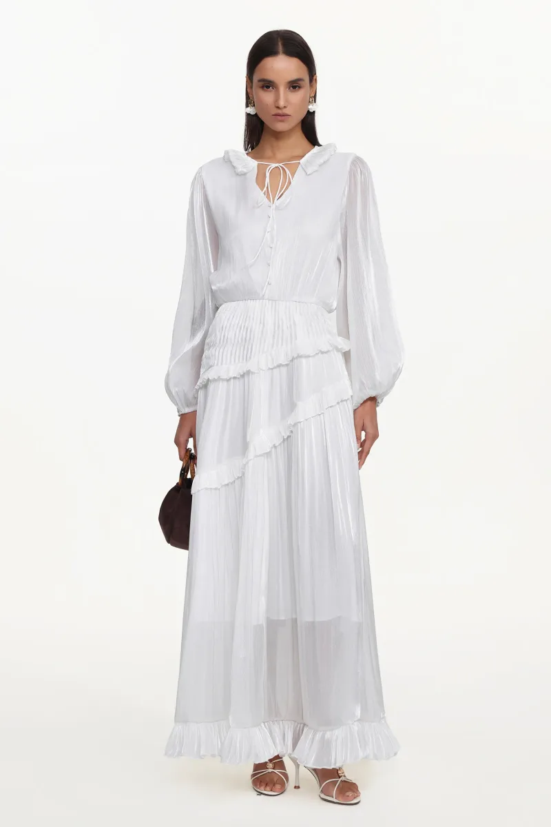 Vestido Maxi Hlasa Resort com Manga Longa e Babado