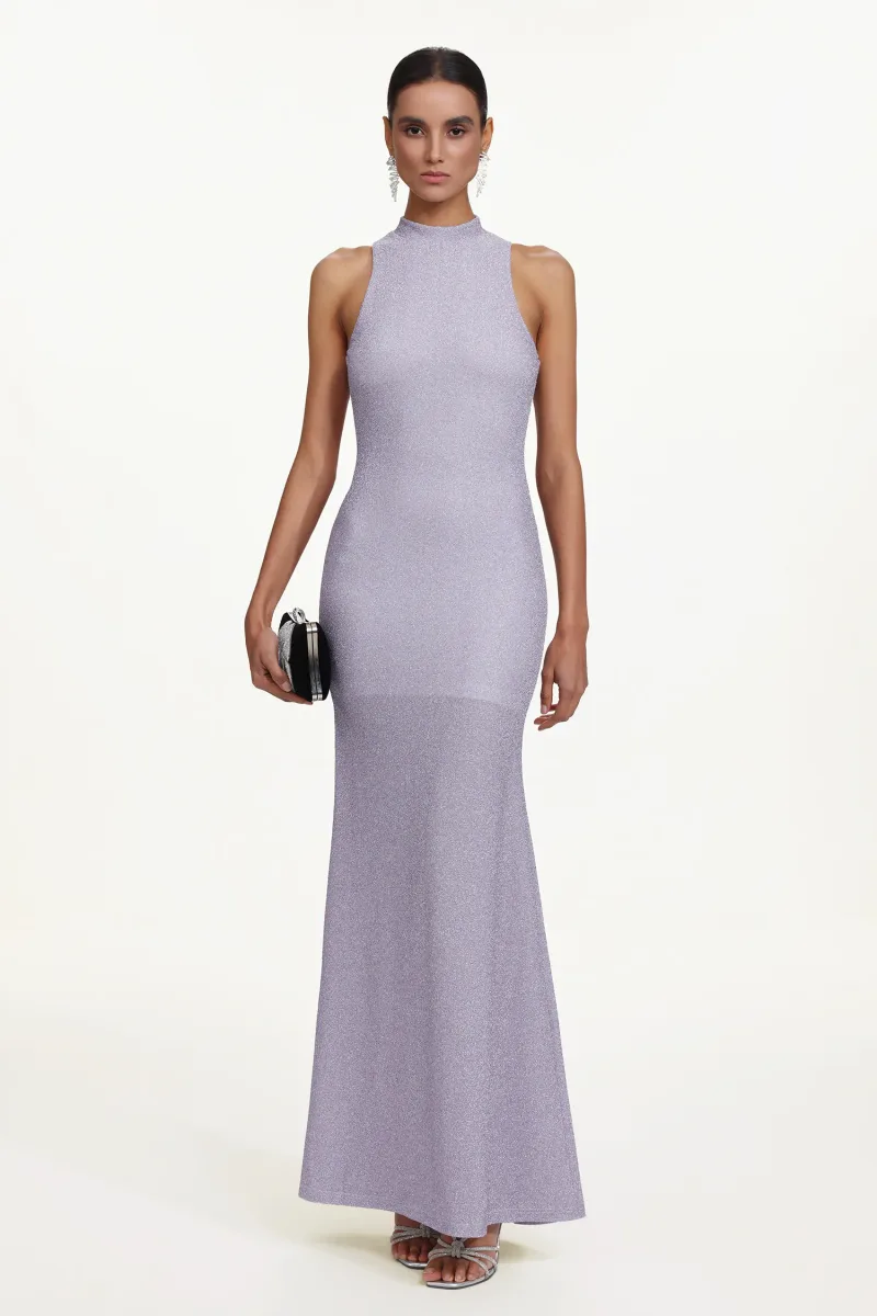 Vestido Maxi Teela Elegante Halter Sem Mangas com Efeito Shimmer