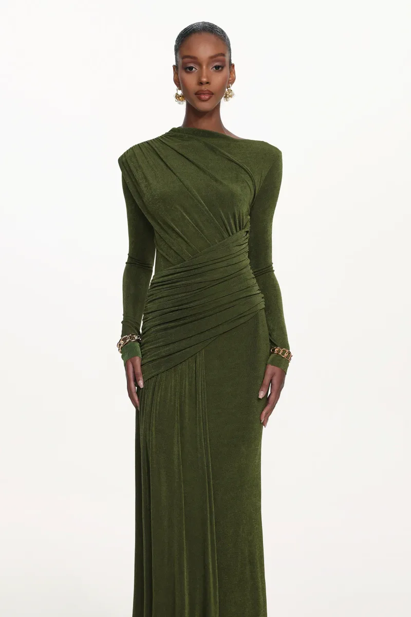 Vestido Maxi Tryphosa com Franzido em Tricô de Manga Longa