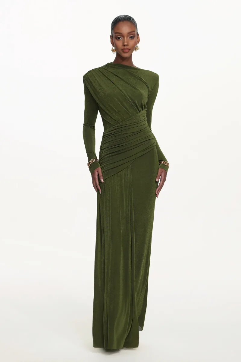 Vestido Maxi Tryphosa com Franzido em Tricô de Manga Longa