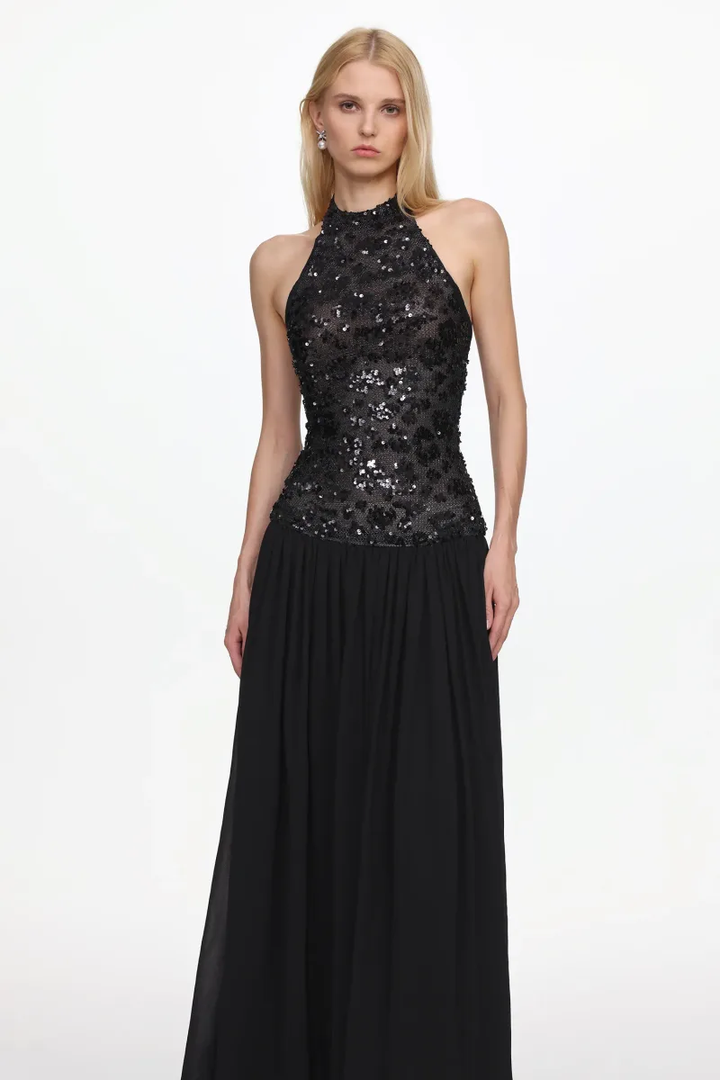 Vestido Maxi Encho Halter com Paetê e Mesh