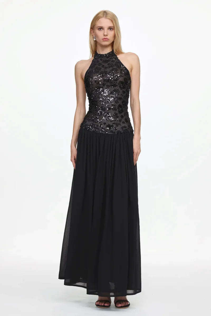 Vestido Maxi Encho Halter com Paetê e Mesh